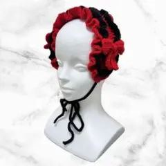 編み物 ヘッドドレス 2段フリル リボン