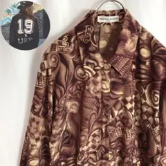 レトロ古着 総柄シャツ 長袖 アート柄デザイン比翼仕立て ブラウン茶色Mかわいい