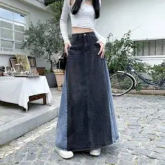 デニムスカート バイカラー　ロング　Aライン　体型カバー　着痩せ　マキシ丈