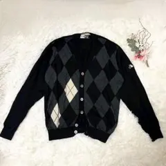 ブラックアンドホワイト（L）長袖 カーディガン Vネック ウール100% 日本製