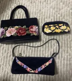 PAN CREATION シェニール織バラ柄　ハンドバッグ　ポーチ　３点セット