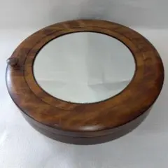 【値下げ歓迎】アンティーク　木製円形ミラー 収納付き