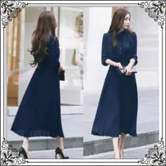 ロングワンピース プリーツ ワンピース マキシ丈 シフォン 紺 ネイビー M