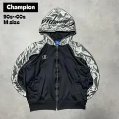 90s~00sChampionビッグロゴ刺繍切替ジップパーカージャージ黒Mサイズ