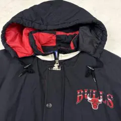 希少 スターター NBA シカゴ ブルス 刺繍ロゴ パファージャケット 黒XXL