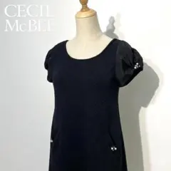 【美品】CECIL McBEE セシルマクビー パールワンピース 黒 M 半袖