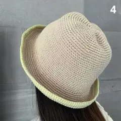 4 クロシェハット　クラッシャーハット　バケハ　手編み　綿100% 若草色ライン
