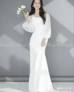 ウェディング　ホワイトロングドレス シースルー袖