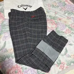 美品W90-92cmCallaway暖か防風裏地付チェック柄5Pストレッチパンツ