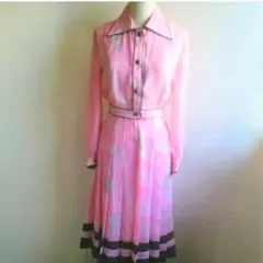 週末セール 昭和レトロ古着 高級 銀座マギー 絹 グラデ×花柄ワンピ ピンク