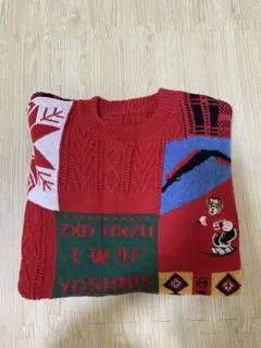 赤いパッチワークニットセーター　クマ　スキー　クリスマスセーター