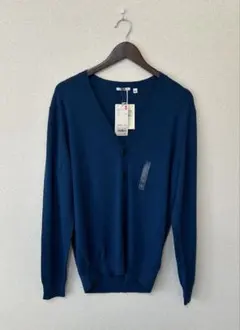 新品 ユニクロ エクストラファインメリノVネックカーディガン（長袖） ブルー L