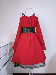 ゴスロリ風 オフショル ワンピース 赤×黒 フリル レース ロリータ