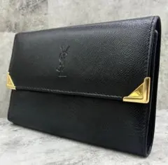 ✨美品✨オールドサンローラン　カサンドラロゴ　三つ折り財布　がま口　レザー　黒