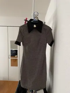 黒と白のチェック柄 半袖ミニワンピース XS