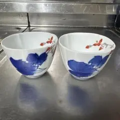 香蘭社　青い蝶と赤い花の湯飲み2個セット