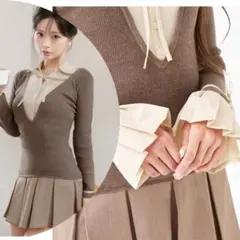 新品未開封　ダーリッチ シャツドッキングプリーツミニワンピース モカ　FREE