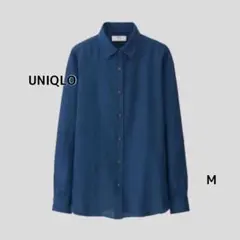 プレミアムリネンシャツ（長袖）M ブルー　ユニクロ 麻 定番