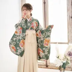 新品袴4点セット 卒業式 小学生 大学生 菊 緑 グリーン アイボリー 