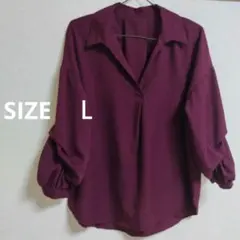 ・【Lサイズ】袖シャーリング スキッパーシャツ とろみブラウス