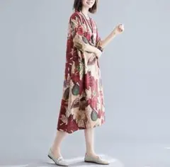 花柄 ワンピース リネン 紅葉 秋 韓国 XL