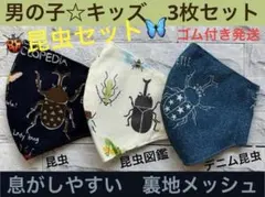 子ども　マスク　キッズ　幼児　男の子　昆虫　カマキリ　カブトムシ　クワガタ　3枚