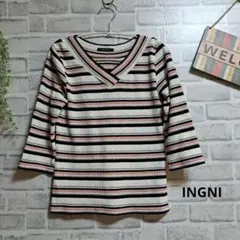 イング リブニット 美品 ボーダー カットソー vネック 大人可愛い 七分袖 M