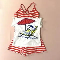 150cm スヌーピー 水着3点セット 赤白ストライプ