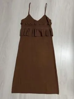 ブラウン フリルノースリーブ ロングワンピース　ニット　キャミ　Primazel
