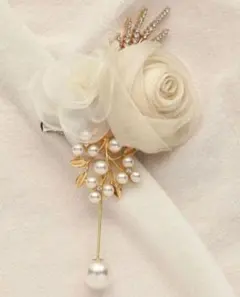 【華やか上品】コサージュ　シフォン×パールの花ブローチ❉卒業式卒園式入学式入園⑪