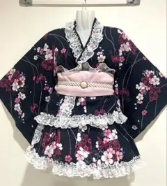 浴衣ドレス 大人用 姫ギャル 花 白 バラ フリルレース 薔薇 パープル