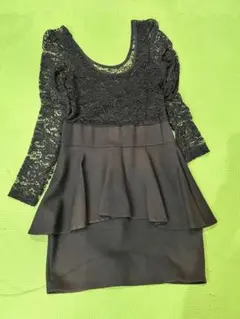 黒のレース長袖フレアドレスL キャバ嬢ドレス
