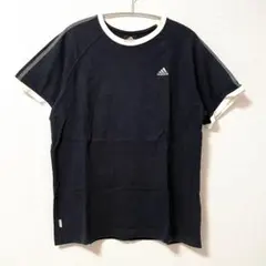 アディダス Tシャツ M 古着 刺繍ロゴ ライン 黒 3本線 半袖 リンガー