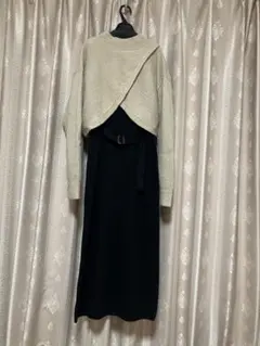 équo ブラックロングワンピース ウエストベルト付き ウール エクオ