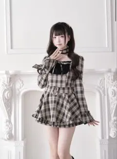 nogenki チェックリボンベルトフレアワンピース s ベージュ - メルカリ