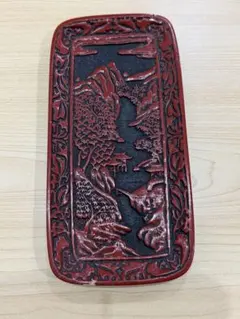 仙台堆 ペン皿漆器漆塗山水彫 工芸品 赤い漆器 浮彫り風景皿