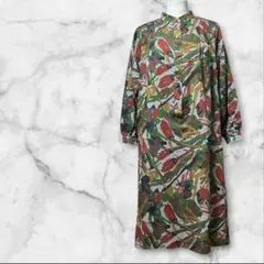 【訳あり】秋冬 レトロワンピース バンドカラー グレー 緑 花柄 身幅55センチ