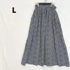 ロングスカート 小花柄 総柄 フレアスカート ギャザー ウエストゴム L 美品