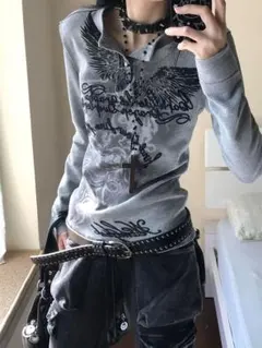 y2k 平成ギャル　ニットカットソー　00s punk風　グレー 長袖 Tシャツ