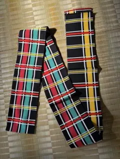 半幅帯 チェック柄 リバーシブル 黒 赤 黄 緑 白 浴衣帯