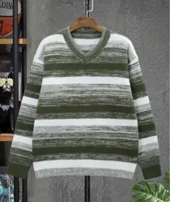 【新品未使用】メンズボーダーニット XLサイズ グリーン