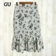 GU ペプラムタイトスカート ミディ丈 M ホワイトグレー 花柄 ひざ下丈 上品