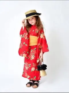 赤い花柄浴衣と黄色い帯セット　L ブランシェス