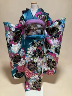 振袖7点セット 緑 白 黒 にこるん ニコル 袋帯 長襦袢 帯締帯揚