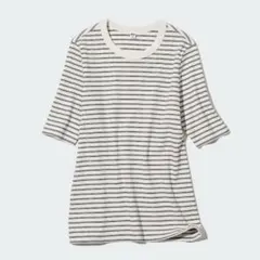 【美品】UNIQLOリブボーダークルーネックT 5分袖 ホワイト