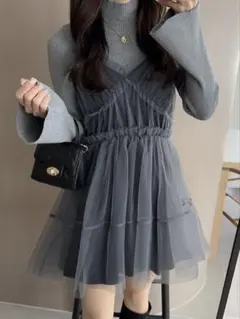 チュールフレアキャミワンピース　チャコール　dk1129
