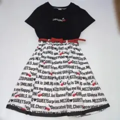 150★メゾピアノ★リボンベルト付き！ロゴ＆チェリー柄！ドッキングワンピース★