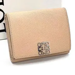 美品 ロエベ ベージュ アナグラム トライフォールド ウォレット 折り財布