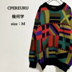 90s used クレイジーパターンニットセーター 幾何学 総柄 奇抜 日本古着