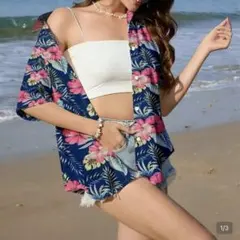 ハイビスカス柄 アロハシャツ 半袖 ネイビー